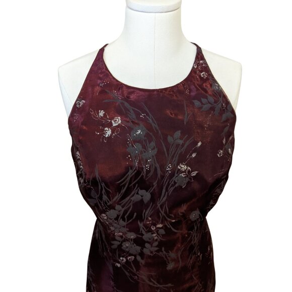 Vintage 90s Burgundy Dress Prom Formal Silver Floral Whimsygoth Witchy Sz 10 - Picture 4 of 12
